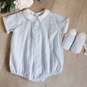 Blue Button Front Dot Creeper Romper and Shoe Set Feltman Brothers 6 Months NWT
